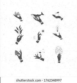 Hands labels with bracelets, rings holding decorative symbols