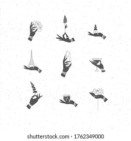Hands labels with bracelets, rings holding decorative symbols in minimalist style