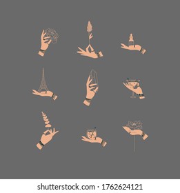 Hands labels with bracelets, rings holding decorative symbols in minimalist style drawing on gray background