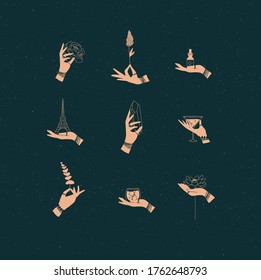 Etiquetas de mano con brazaletes, anillos con símbolos decorativos en estilo minimalista dibujando sobre fondo oscuro