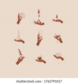 Hands labels with bracelets, rings holding decorative symbols in minimalist style drawing on beige