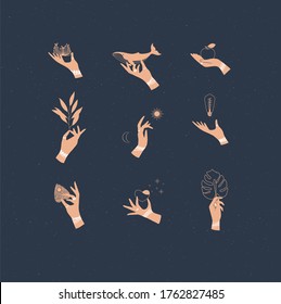 Etiquetas de mano con brazaletes, anillos con símbolos decorativos de estilo minimalista dibujando sobre fondo azul