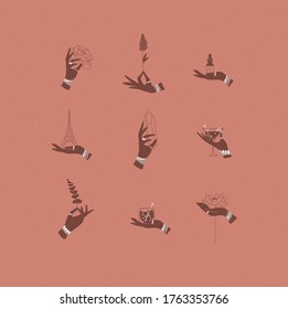 Hands labels with bracelets, rings holding decorative symbols in minimalist style drawing on coral background