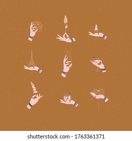 Hands labels with bracelets, rings holding decorative signs in minimalist style drawing on mustard background