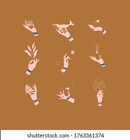 Hands labels with bracelets, rings holding decorative signs in minimalist style drawing on mustard background