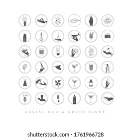 Manos, etiquetas, botellas cosméticas, símbolos decorativos, ramas, flores, animales y diversos objetos de estilo gráfico minimalista