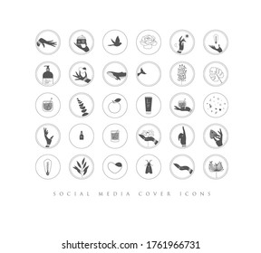 Hands, labels, cosmetics bottles, decorative symbols, branches, flowers, animals and various objects in minimalist graphic style drawing on white background.