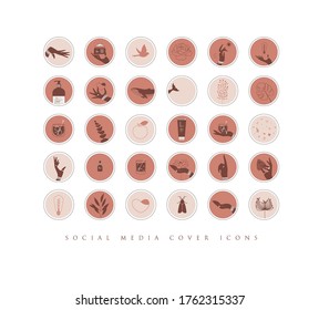 Manos, etiquetas, botellas de cosmética, símbolos decorativos, ramas, flores, animales y diversos objetos de estilo gráfico minimalista dibujando con coral