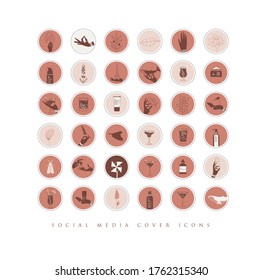 Manos, etiquetas, botellas cosméticas, símbolos decorativos, ramas, flores, animales y diversos objetos de estilo gráfico minimalista con color de coral