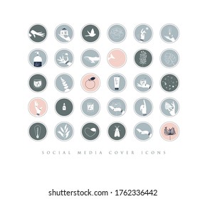 Hands, labels, cosmetics bottles, decorative symbols, branches, flowers, animals and various objects in minimalist graphic style drawing with gray