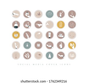 Manos, etiquetas, botellas cosméticas, símbolos decorativos, ramas, flores, animales y diversos objetos de estilo gráfico minimalista con dibujos de color beige