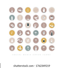 Manos, etiquetas, botellas cosméticas, símbolos decorativos, ramas, flores, animales y diversos objetos de estilo gráfico minimalista dibujando sobre fondo beige.