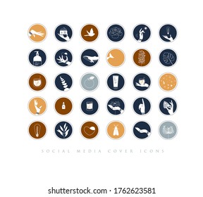 Manos, etiquetas, botellas cosméticas, símbolos decorativos, ramas, flores, animales y diversos objetos de estilo gráfico minimalista con dibujos azules