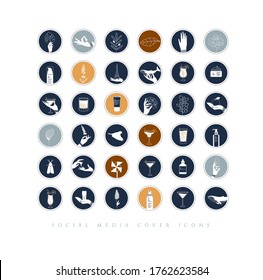 Manos, etiquetas, botellas cosméticas, símbolos decorativos, ramas, flores, animales y diversos objetos de estilo gráfico minimalista dibujando sobre fondo azul.