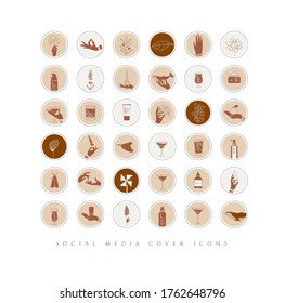 Hände, Etiketten, Kosmetikflaschen, Ziersymbole, Äste, Blumen, Tiere und verschiedene Gegenstände in minimalistisch-grafisch-braunfarbigen Zeichnungen
