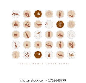 Manos, etiquetas, botellas cosméticas, símbolos decorativos, ramas, flores, animales y diversos objetos de estilo gráfico minimalista con dibujos marrones