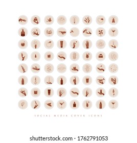 Hands, labels, cosmetics bottles, decorative symbols, branches, flowers, animals and various objects in minimalist graphic style drawing on beige background.