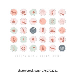 Manos, etiquetas, botellas cosméticas, símbolos decorativos, ramas, flores, animales y diversos objetos de estilo gráfico minimalista con dibujos de color rosa