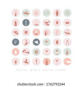 Manos, etiquetas, botellas cosméticas, símbolos decorativos, ramas, flores, animales y diversos objetos de estilo gráfico minimalista con un dibujo de color rosa