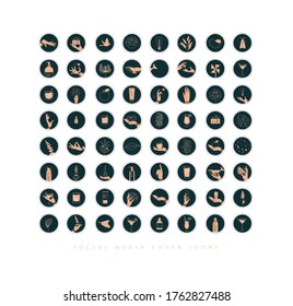 Manos, etiquetas, botellas cosméticas, símbolos decorativos, ramas, flores, animales y varios objetos de estilo gráfico minimalista dibujando sobre fondo oscuro.