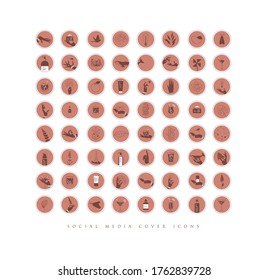 Manos, etiquetas, botellas cosméticas, símbolos decorativos, ramas, flores, animales y diversos objetos de estilo gráfico minimalista dibujando sobre fondo coralino.