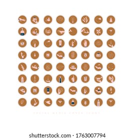 Manos, etiquetas, botellas cosméticas, símbolos decorativos, ramas, flores, animales y diversos objetos de estilo gráfico minimalista dibujando sobre fondo de mostaza.