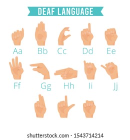 Hands language. Deaf human gestures alphabet emoji of hands palm fingers pointing hold vector illustrations set. Deaf language hand, finger gesture for communicate