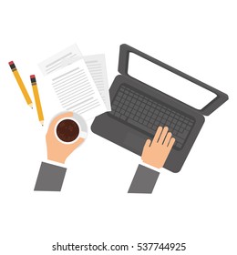hands with laptop computer device icon over white background. colorful design. vector illustration