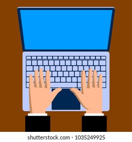 Hands with a laptop computer notebook in flat style. Vector illustration