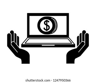 hands with laptop computer online