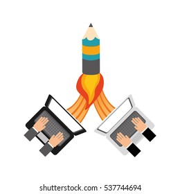 hands with laptop computers and pencil icon over white background. start-up concept. colorful design. vector illustration