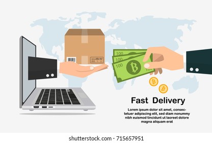 Hands from the laptop holding a box. Concept of the fast delivery service. Online Trading Concepts Flat vector illustration.