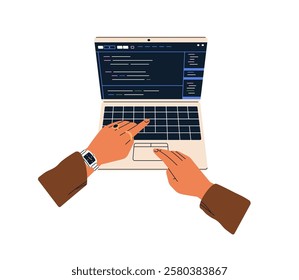 Hands at laptop keyboard during online work. Computer screen with abstract web-site interface. Browsing internet, searching business information. Flat vector illustration isolated on white background