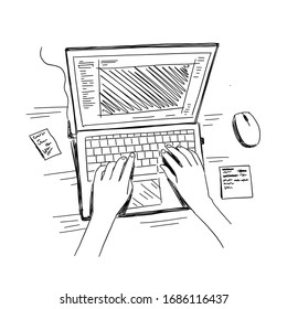 Hands and laptop. Keyboard typing. Top view. Work on laptop. Sketch hand drawn. On white background. Vector.