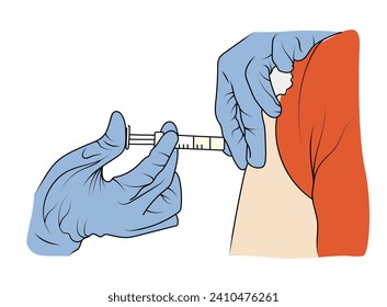 Manos con guantes de látex aplicando una vacuna con una jeringa en un brazo. Ilustración vectorial colorida estilo de trazos dibujados a mano.