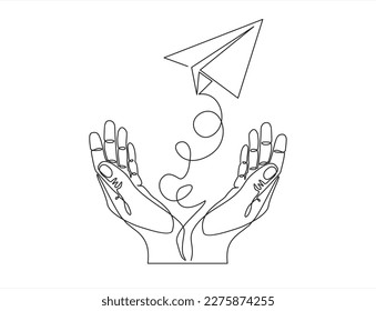 Hands launches into the sky airplane  isolated on white background. continuous line illustration. one line vector. concept of traveling