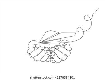 Hands launches into the sky airplane  isolated on white background. continuous line illustration. one line vector. concept of traveling