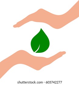 Hands with leaf. Ecology icon.