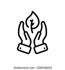 Hands with leaf line icon. Hands, man, plants, ecology, fauna, flora, planet, careful handling, protection, conservation. Nature concept. Vector black line icon on white background