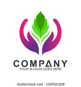 hands with leaf logo template, health care symbol, spa and cosmetic icons