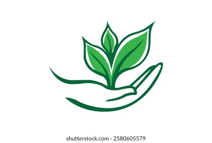  Hands up leaf symbol logo Symbolizing Sustainability Growth Modern Eco Business Logo Featuring a Plant Cradled by Hands Symbolizing Sustainability Growth