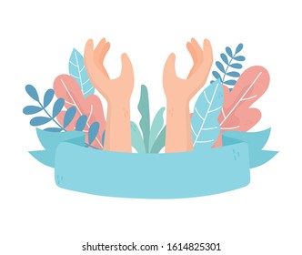hands leaves foliage emblem charity and donation concept vector illustration