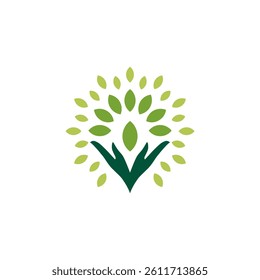 hands leaves green abstract logo, circle health, eco, care