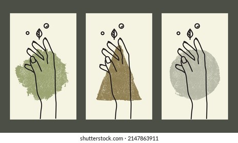 Hands with leaves on the different texture spots. Line art for prints, logos and posters.