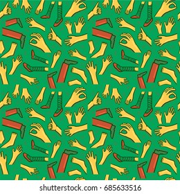 Hands and legs seamless pattern. Green, yellow and red motif with human`s legs and hands with gestures. Bright vector template for decoration, textile or wrapping