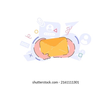 Hands with a letter, an envelope. Element for the design of presentations, applications and websites. Trend illustration. Vector illustration