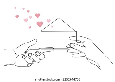 Hands with letter in envelope and heart,one line art,continuous contour drawing,hand-drawn gesture, symbol of romantic love. Decoration for St. Valentine's Day,palm and wrist. Editable stroke.Isolated