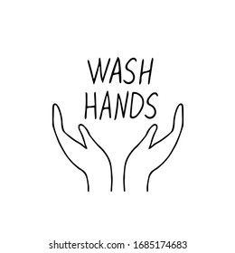 hands and lettering Wash hands drawn in doodle scandinavian minimalism style. icon, sticker, poster, card prevention and protection pandemic, epidemic hygiene