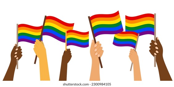 Hands with LGBT flags, LGBT background, LGBT colors rainbow flag. Banner, poster, template, vector	
