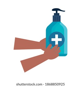 hands lifting antibacterial soap bottle isolated icon vector illustration design